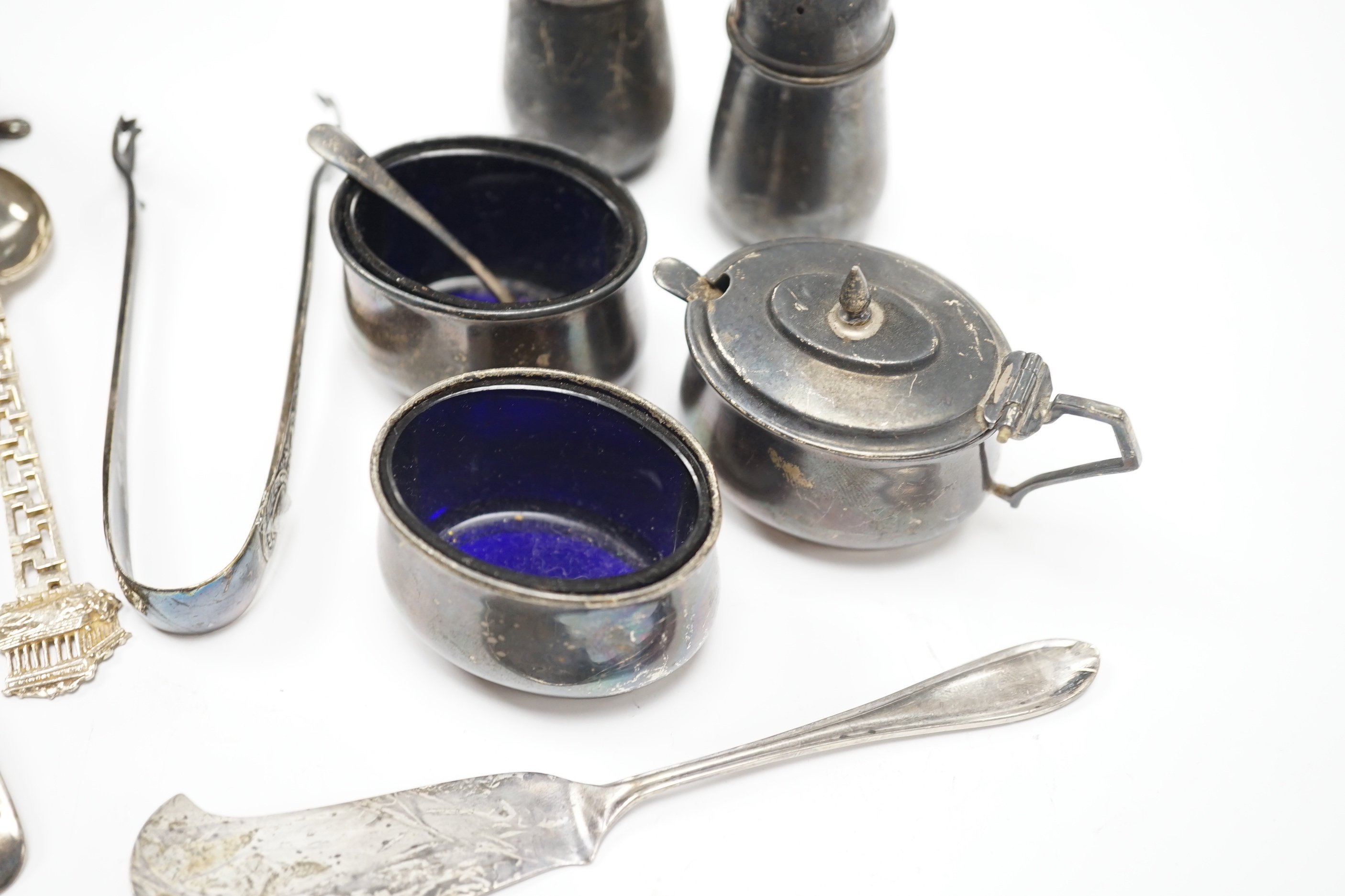 A small group of assorted silver condiments and sundry silver and silver plated flatware, some boxed.